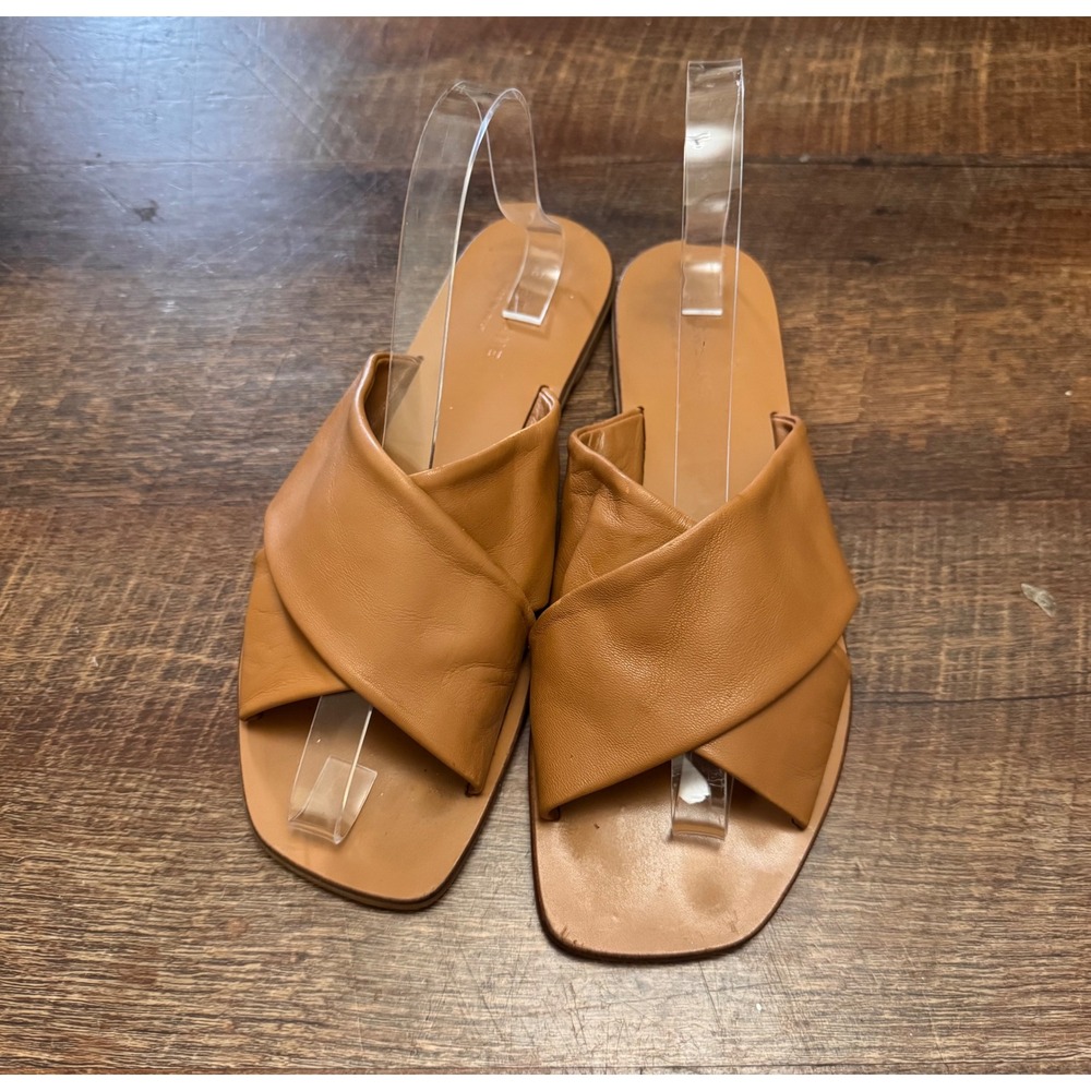 Everlane Leather Crossover Slide Sandals Women's 9.5 Cognac Made in Italy